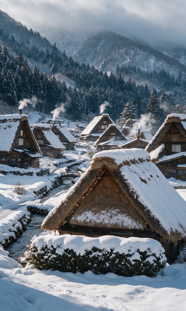 Steep thatched gassho roofs under fresh snow in the mountain village of Shirakawa-go