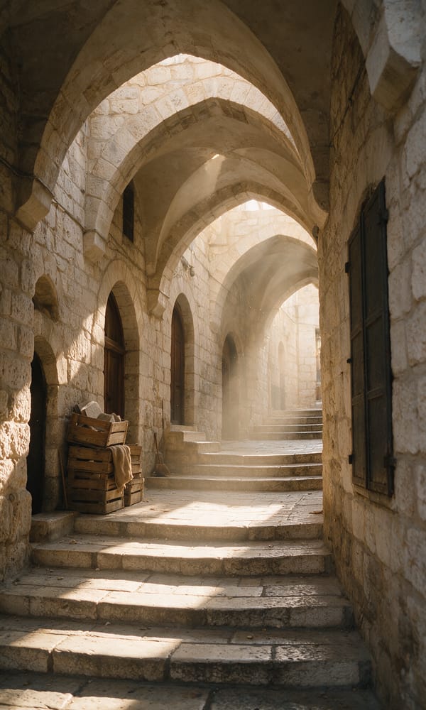 Shafts of morning sun falling through a vaulted stone street in Jerusalem's Old City