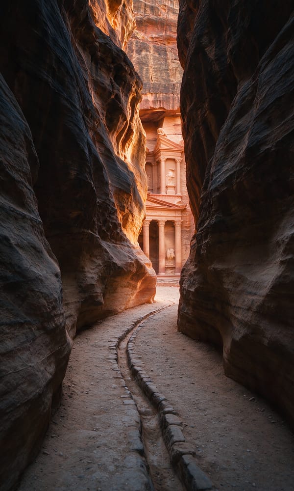 The carved facade of Petra's Treasury lit at dawn at the end of the dark Siq