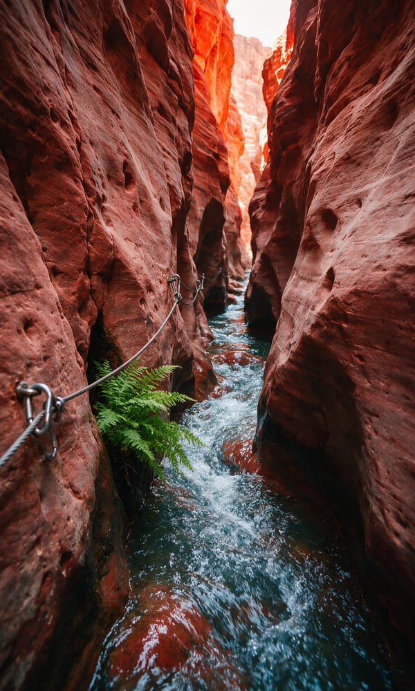 Clear water running between polished red sandstone walls in the narrow Wadi Mujib gorge