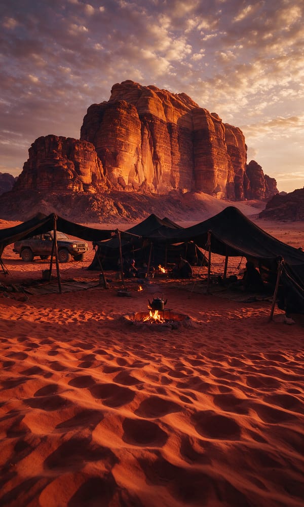 Black goat-hair tents on red sand below a striped sandstone wall in Wadi Rum