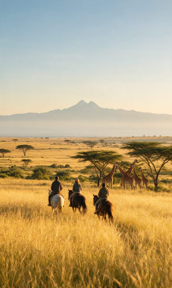 Riders seen from behind crossing golden Laikipia grass past reticulated giraffe below Mount Kenya