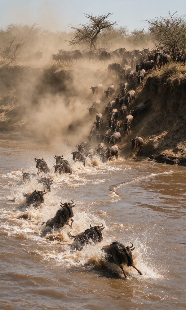 Wildebeest plunging off a cut bank into the Mara River in spray and dust