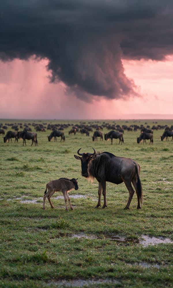 A newborn wildebeest calf standing beside its mother on the green Ndutu plains at dawn