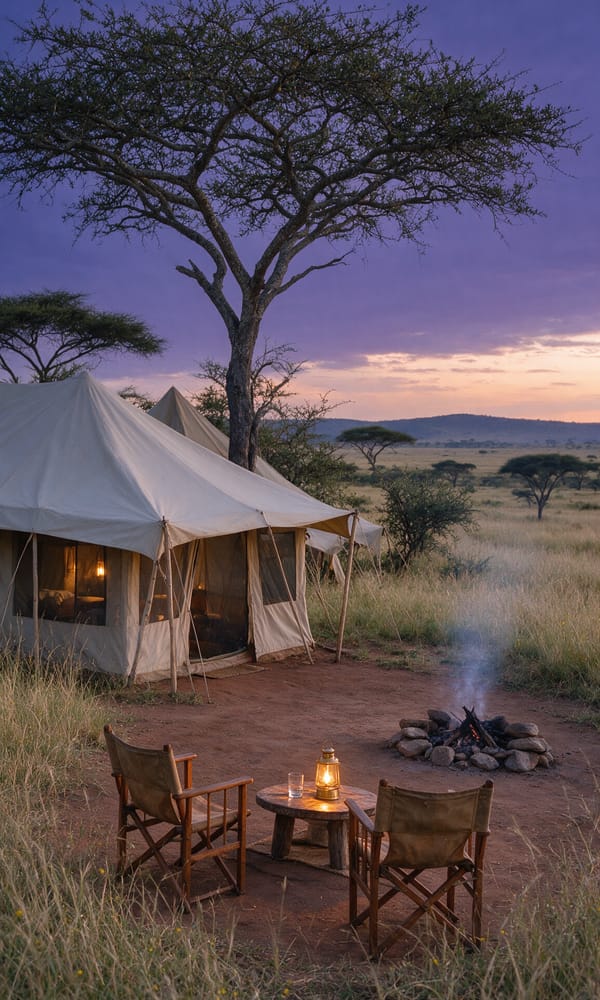 Lamplit canvas tents and chairs by a fire pit at a Mara conservancy camp at dusk