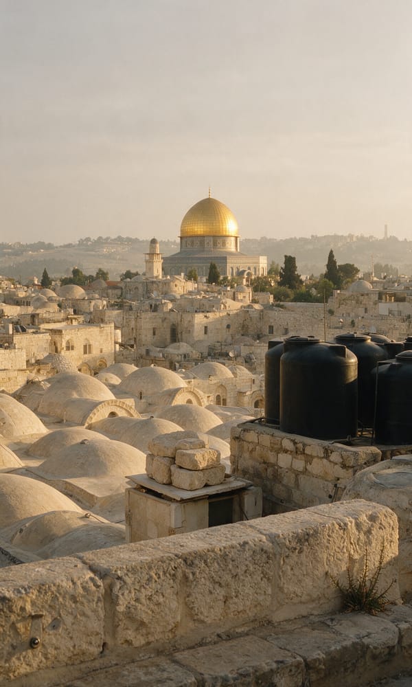 Limestone rooftops and domes of Jerusalem's Old City at first light with the gold Dome of the Rock beyond
