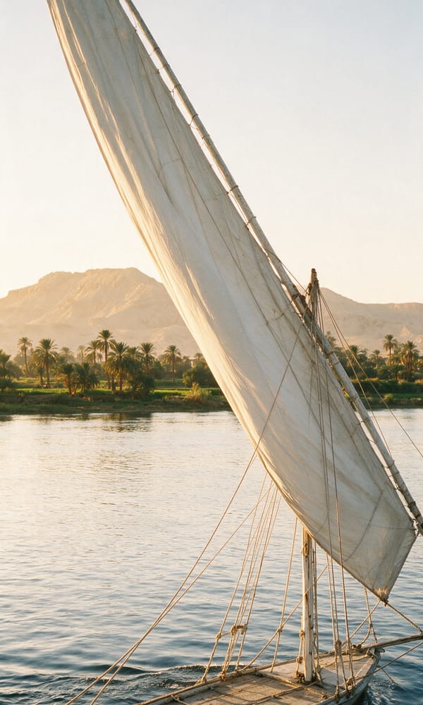 A felucca's white lateen sail on the Nile at Luxor with the Theban hills gold behind