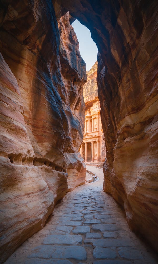 Sunlit Treasury columns glimpsed at the end of Petra's shadowed Siq gorge at dawn