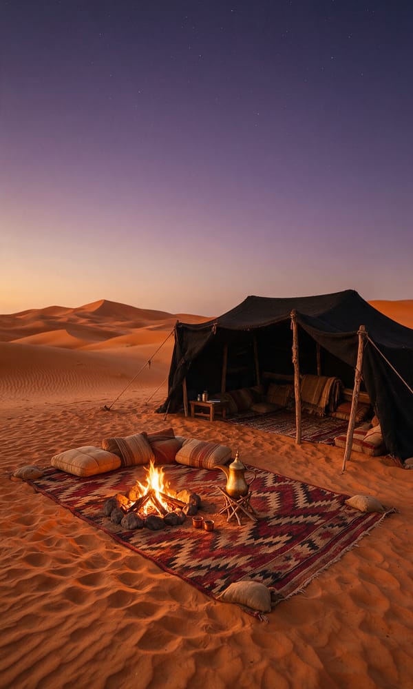 A brass coffee pot and cushions on a carpet before a goat-hair tent in the Wahiba Sands at dusk