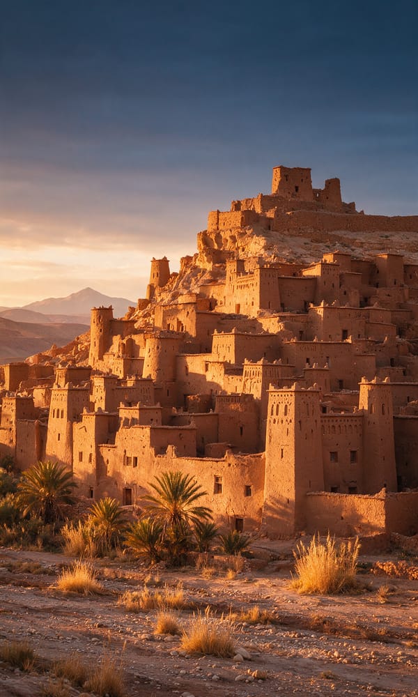 Mud-brick towers of Aït Benhaddou climbing a hillside above a dry riverbed in evening light