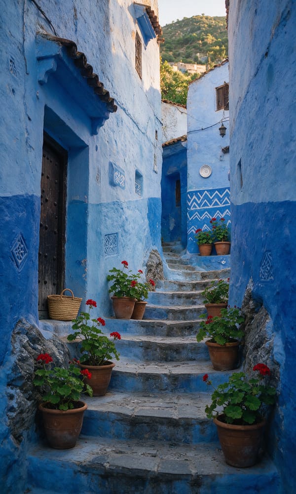 A blue-washed stepped lane in Chefchaouen with geraniums in terracotta pots along the steps