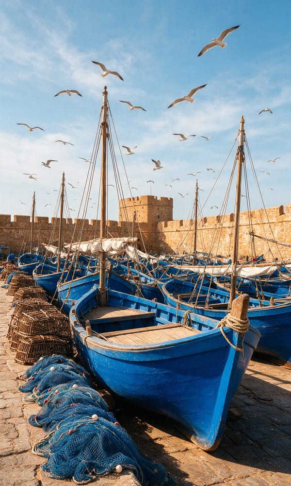 Blue wooden fishing boats, nets and crab traps on the quay at Essaouira below the ramparts