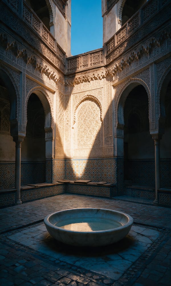 A zellij-tiled madrasa courtyard in old Fez with carved cedar walls and a sunlit marble basin