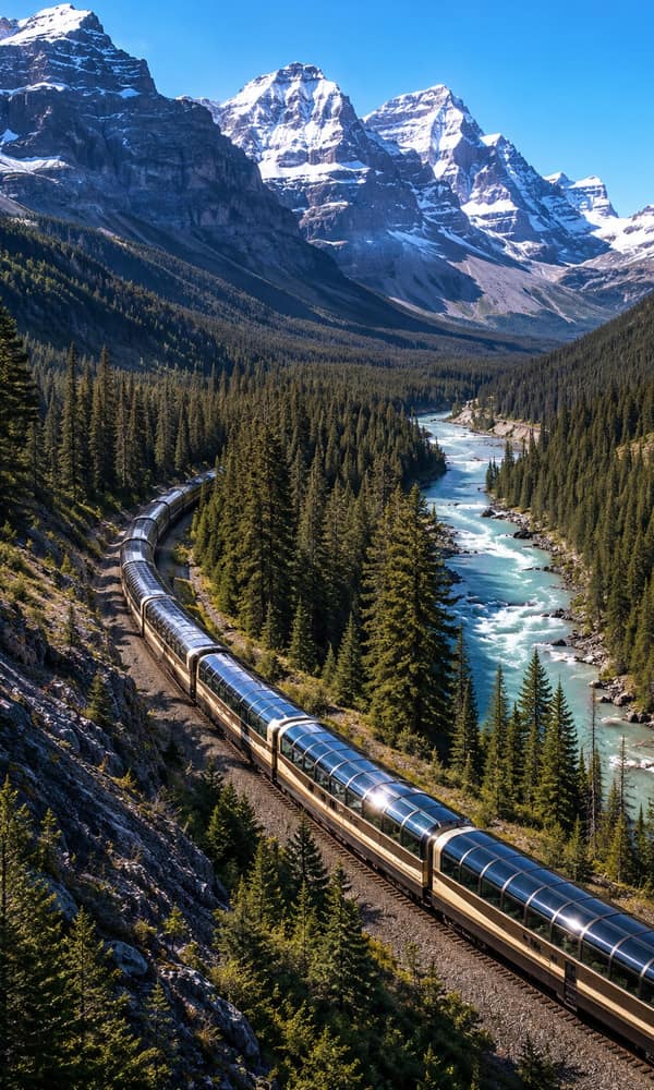 A glass-domed train curving along a river valley below the snow-capped Canadian Rockies