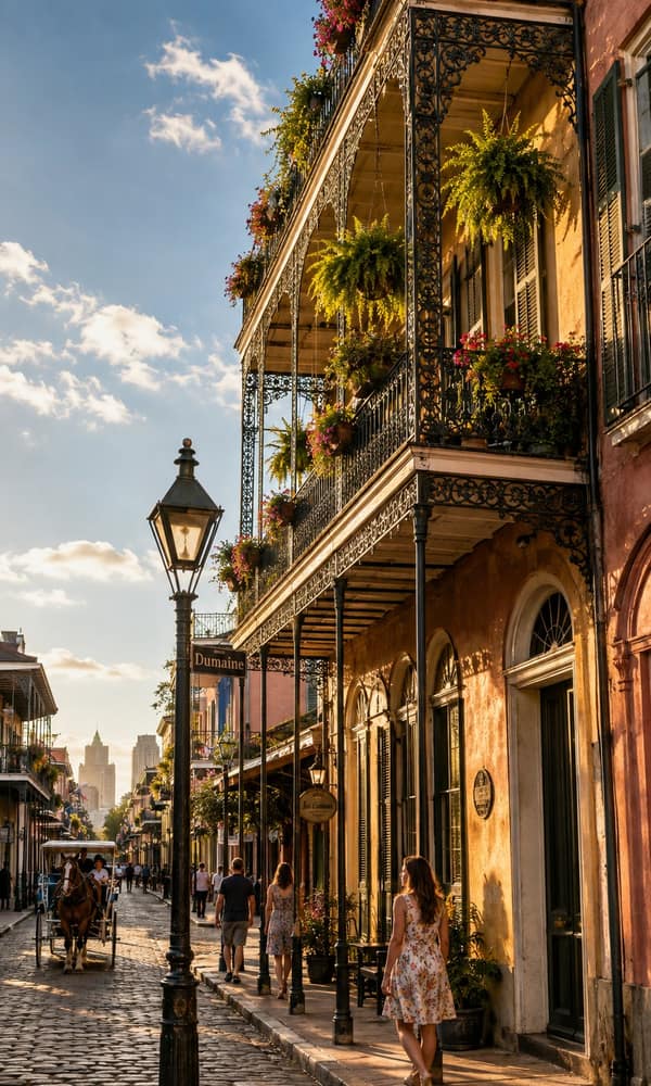 Late afternoon light on a French Quarter street in New Orleans, wrought-iron balconies hung with ferns above a cobbled sidewalk