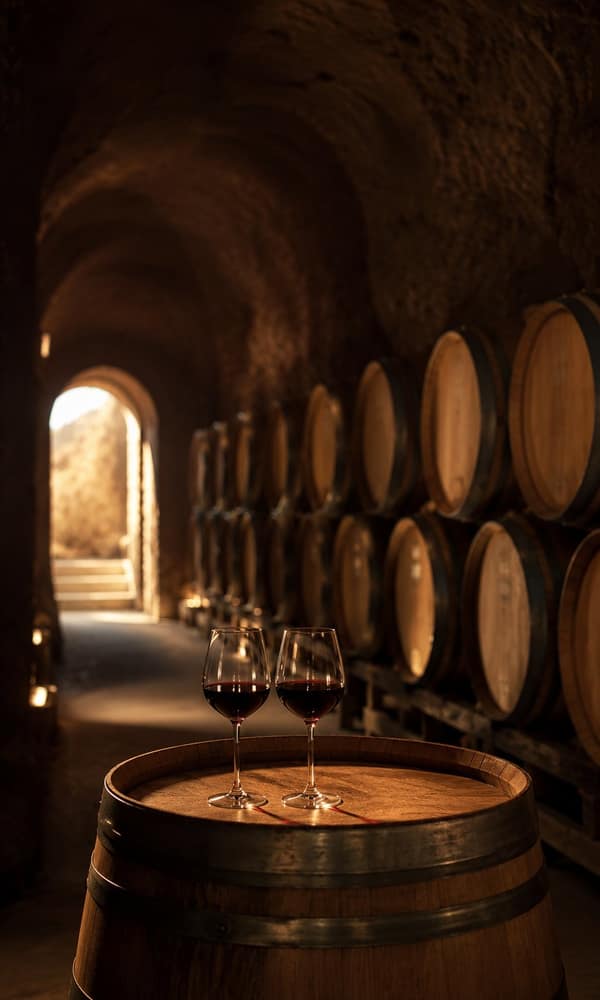 Two glasses of red wine on a barrel head in a candlelit Napa Valley wine cave