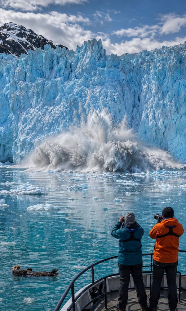 Two passengers on a small ship bow photographing a glacier calving into Alaskan water, a sea otter floating nearby