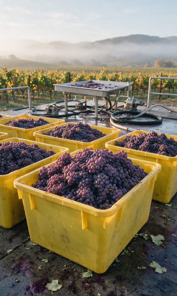 Yellow bins heaped with purple cabernet clusters on a Napa crush pad at first light