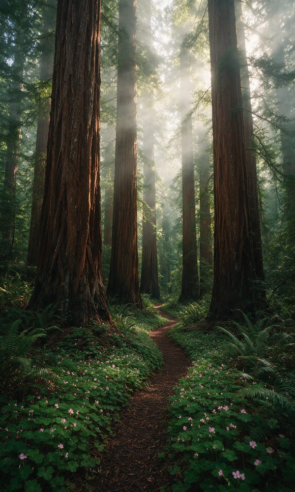 Sunlight through fog between towering redwood trunks above a fern-lined trail in Sonoma