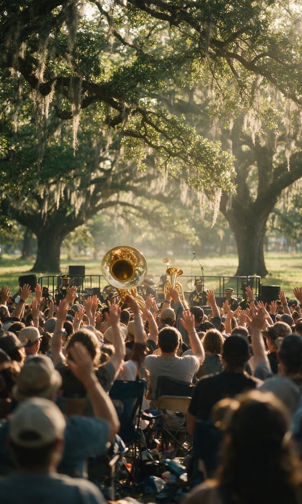 A sousaphone and trumpet on a small Fair Grounds stage above a crowd under live oaks at golden hour
