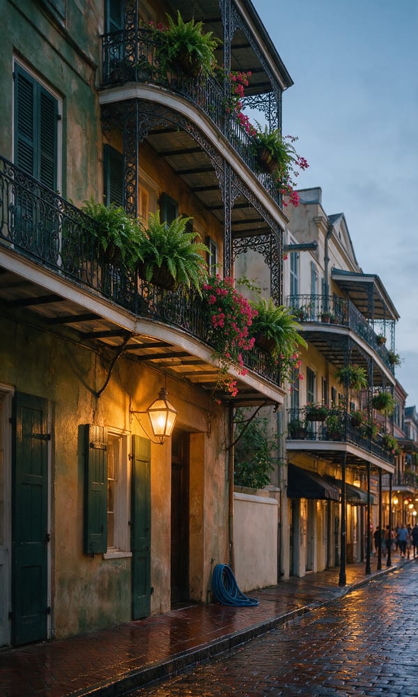 Fern-hung cast-iron balconies and a lit gas lantern on a wet French Quarter corner at dusk