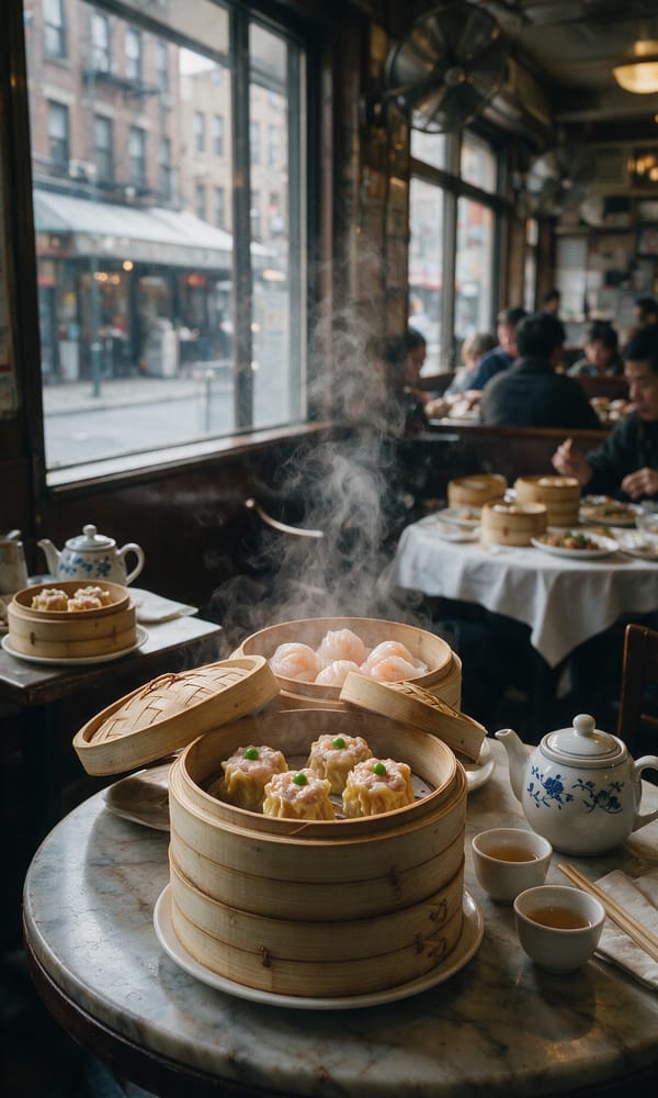 Stacked bamboo steamers of dumplings and a teapot on a marble table in Manhattan's Chinatown
