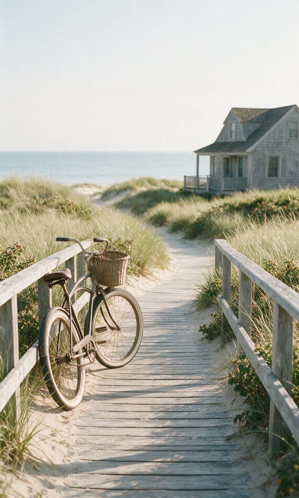 A weathered boardwalk through beach grass and roses toward the Atlantic at Sagaponack