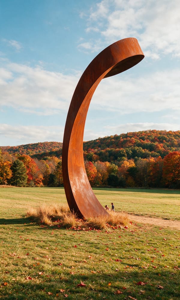 A rust-orange steel sculpture rising from a mown meadow at Storm King in autumn