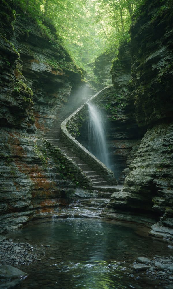 A stone stairway curling behind a thin waterfall in the shale gorge at Watkins Glen