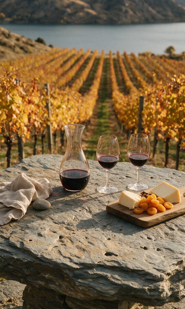 Two glasses of Pinot Noir on a schist table above golden autumn vine rows in Central Otago