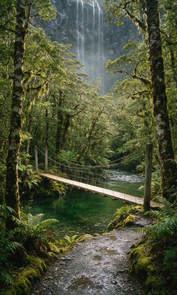 A swing bridge over a clear green river in mossy beech forest below misty Fiordland waterfalls
