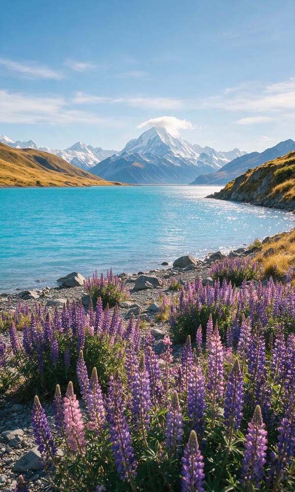 Lupins on the shingle shore of glacial-blue Lake Pukaki with snow-capped Aoraki Mount Cook beyond