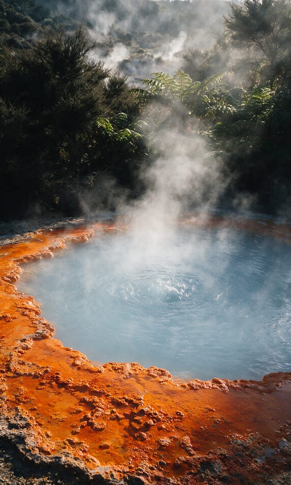 Steam rising off a milky blue geothermal pool rimmed with bright orange sinter near Rotorua