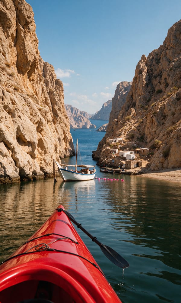A kayak bow and paddle on flat green water below the bare limestone walls of a Musandam fjord