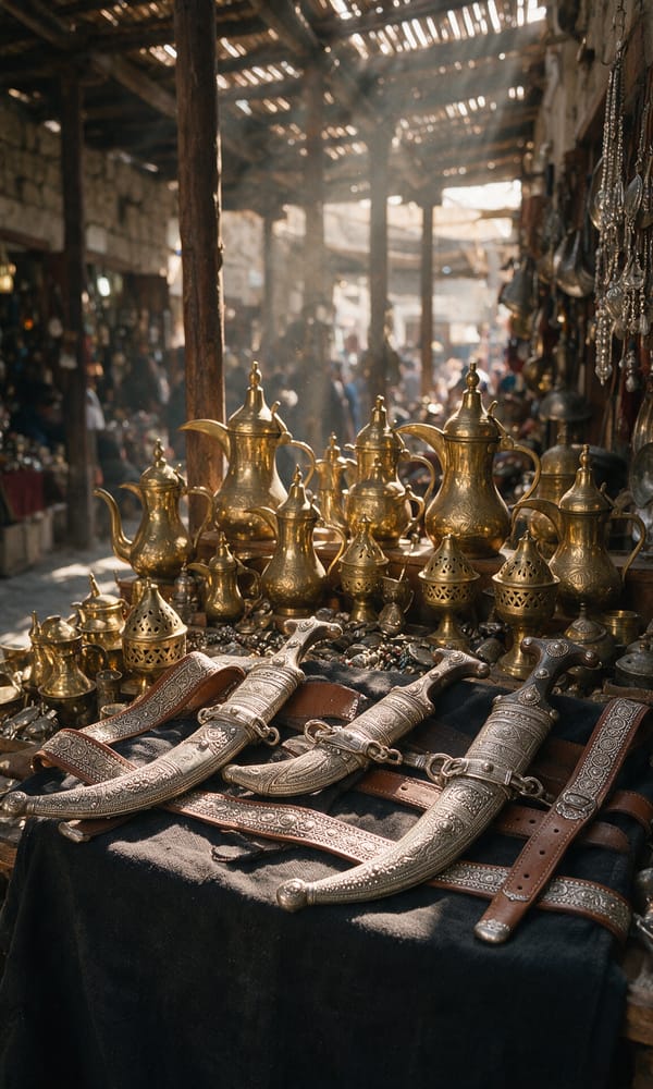 Silver khanjar daggers and brass coffee pots laid on dark cloth at a stall in Nizwa souq