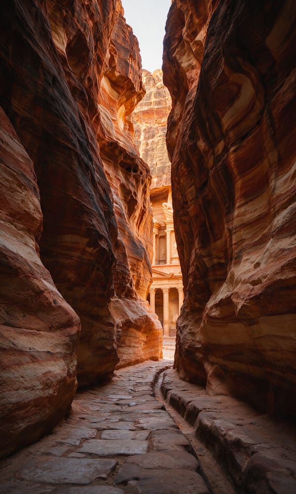 The carved columns of Petra's Treasury showing through the narrow banded sandstone walls of the Siq