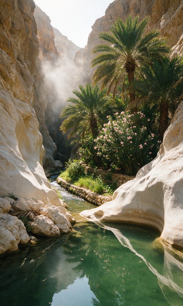 A clear emerald pool between pale limestone walls and date palms in the gorge at Wadi Shab