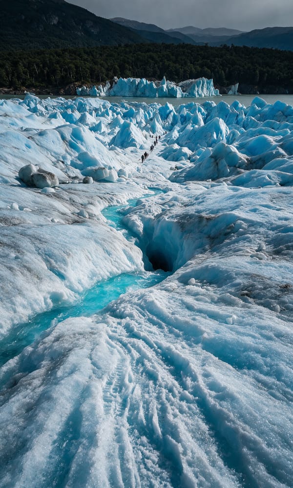 Crampon tracks across ridged blue ice on the Perito Moreno glacier with roped walkers between seracs