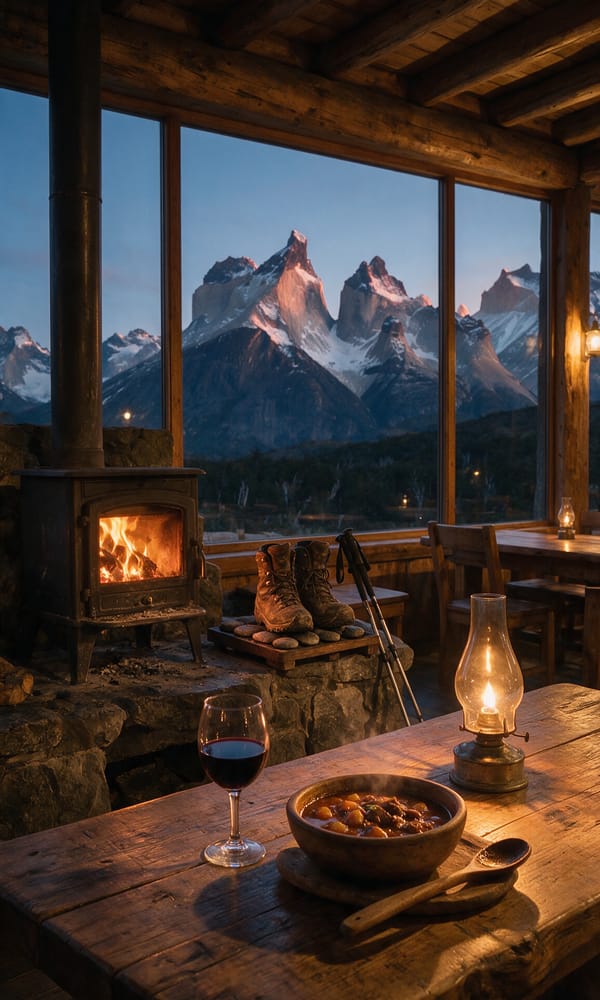A lodge table with red wine and a lamp, boots drying by the stove, the Cuernos beyond
