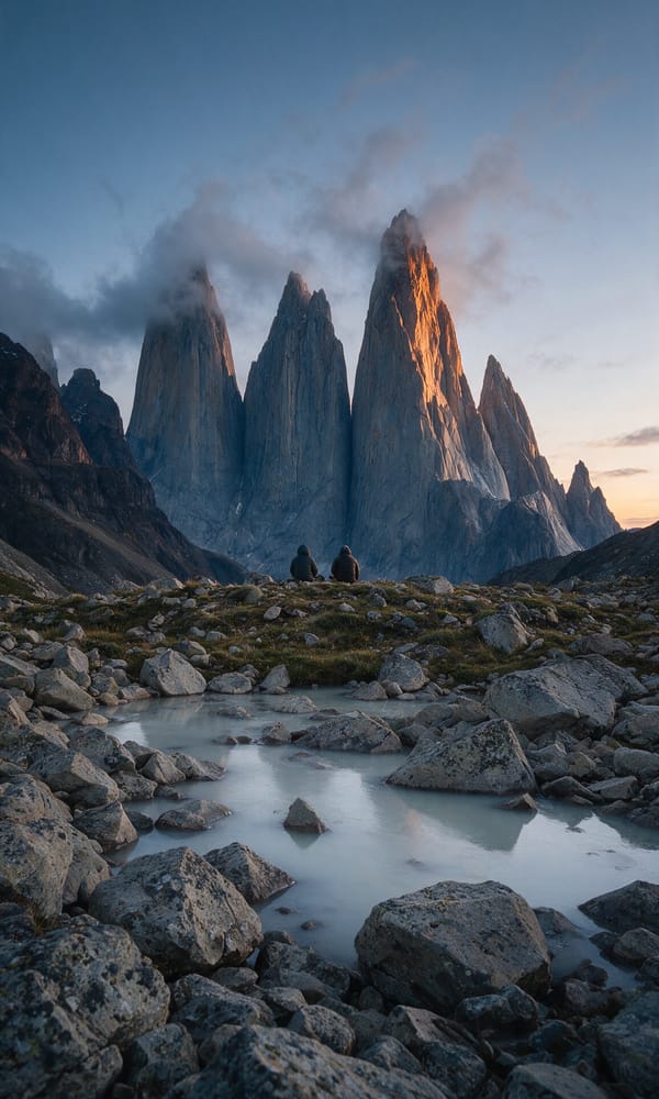 The three granite towers of Torres del Paine catching first light above a glacial tarn and boulders