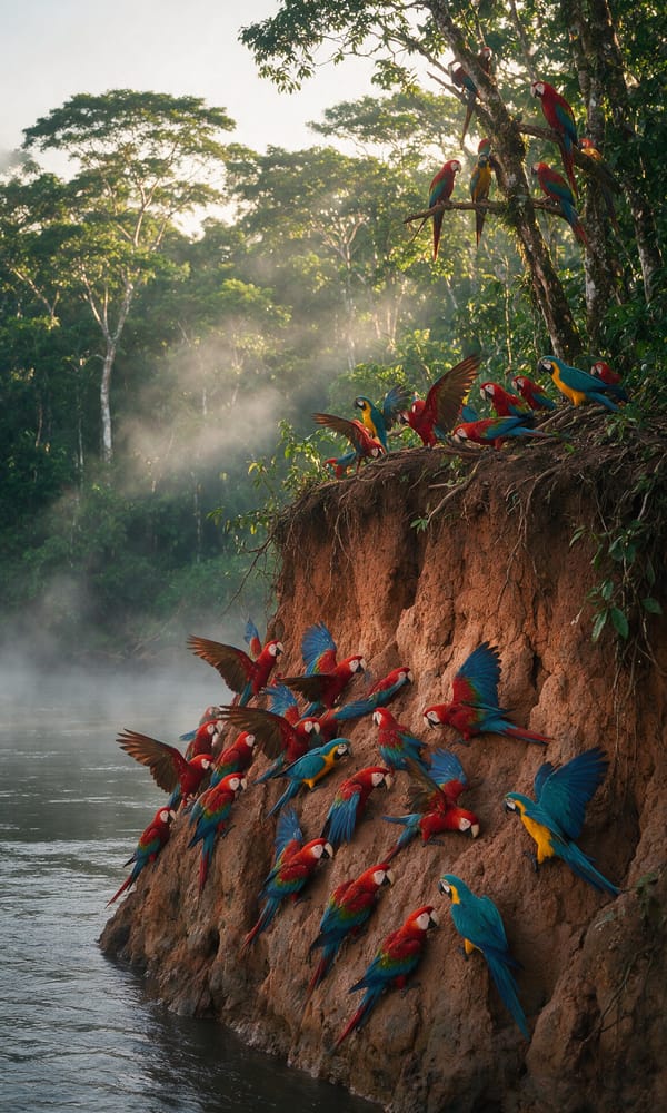 Scarlet macaws clustered on a red clay river bank in the Peruvian Amazon at dawn