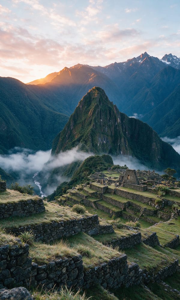 Stone terraces of Machu Picchu below Huayna Picchu with cloud lying in the gorge at sunrise