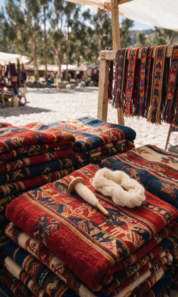 Stacked handwoven blankets and a drop spindle at a textile stall in Pisac market