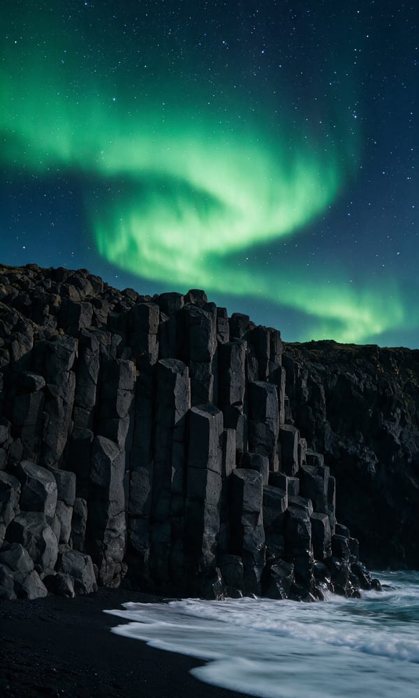 Green aurora folding above the hexagonal basalt columns and black sand at Reynisfjara