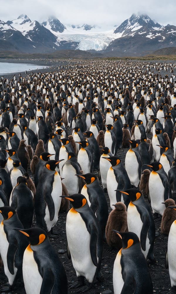 King penguins packed across the black sand at St Andrews Bay below a hanging glacier
