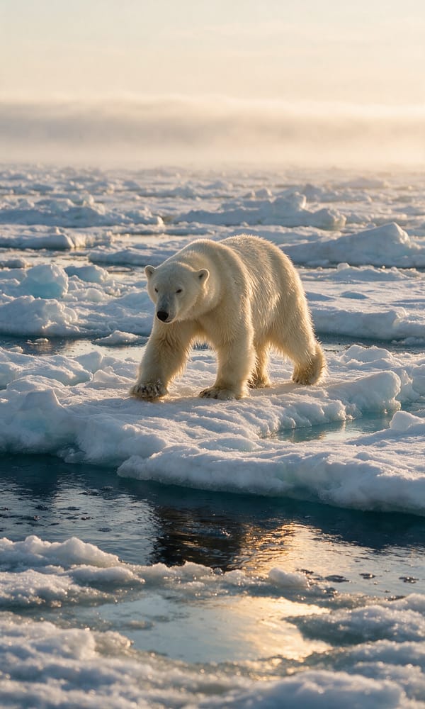 A polar bear walking across broken pack ice north of Svalbard under low midnight sun