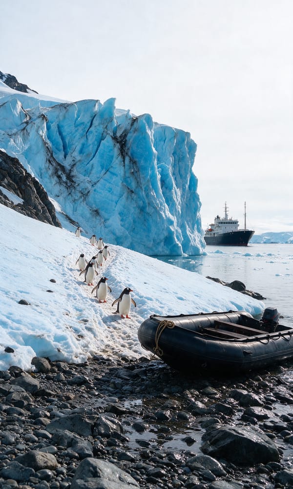 Gentoo penguins climbing a snow track past a Zodiac, an expedition ship anchored beyond