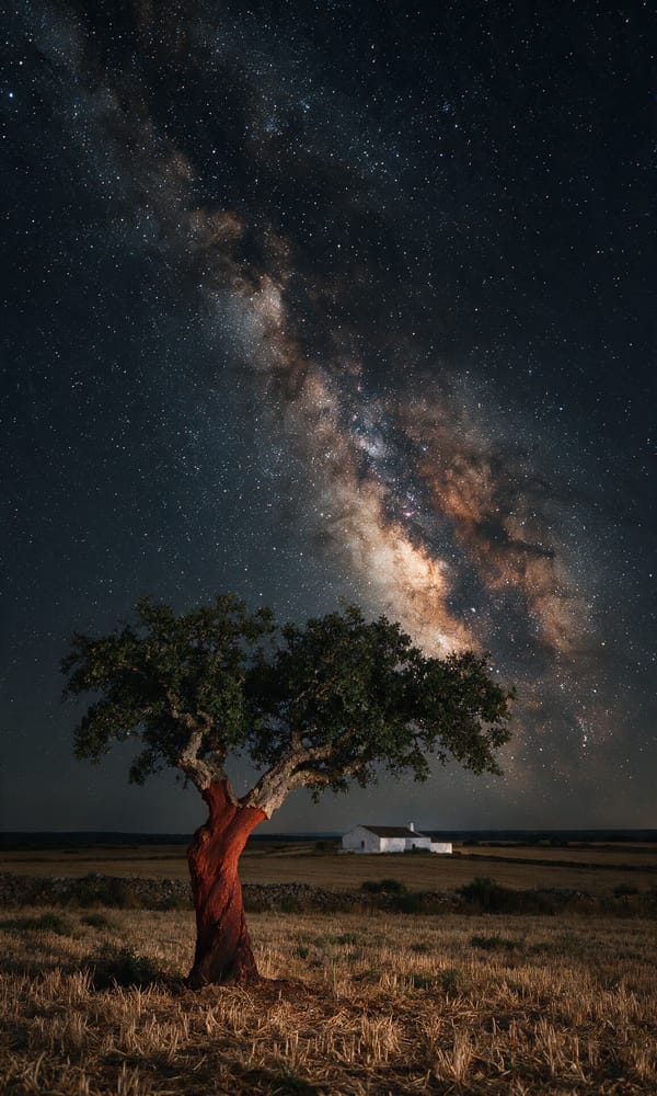 The Milky Way over a stripped cork oak on the Alentejo plain at night