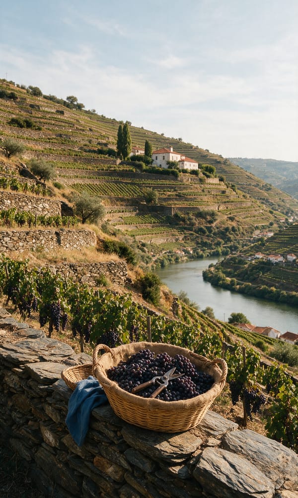 Schist-walled vineyard terraces above the Douro river with a basket of harvested grapes