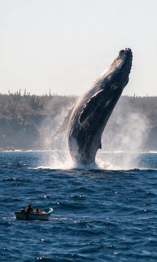A humpback breaching beside a small open boat off the Baja California coast
